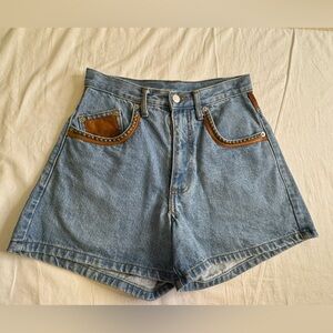 Vintage Streets Ahead Denim Jean Brow Leather Shorts Size 6 Western